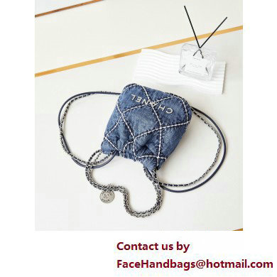 Chanel Stitched Denim  &  Silver-Tone Metal CHANEL 22 Mini Handbag AS3980 Blue